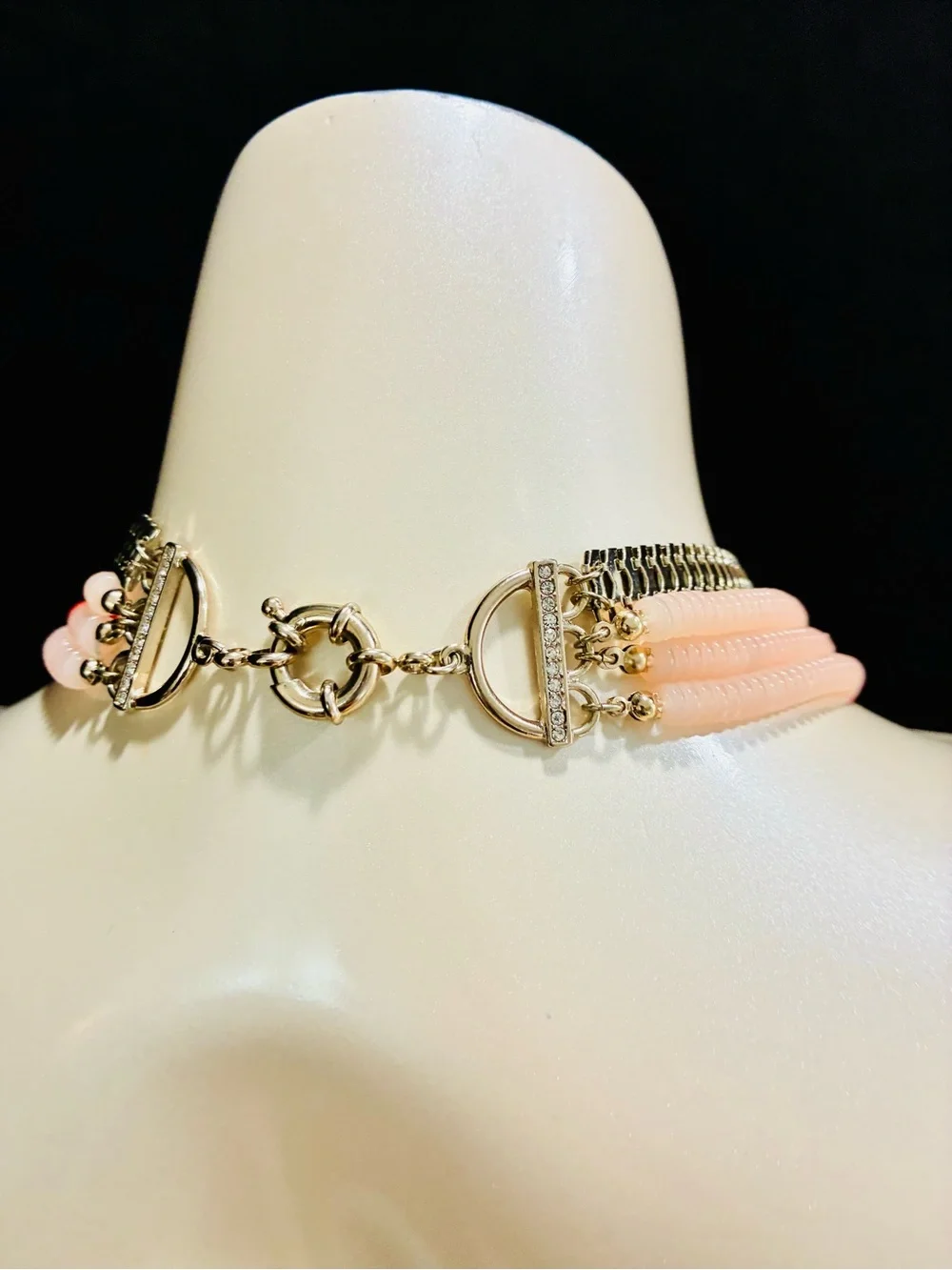 Layered Pink & Coral Beaded Statement Necklace with Gold Accents